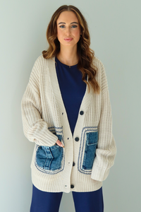 Denim Patch Oversized Cardigan: Ivory/Denim