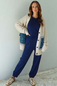 Denim Patch Oversized Cardigan: Ivory/Denim