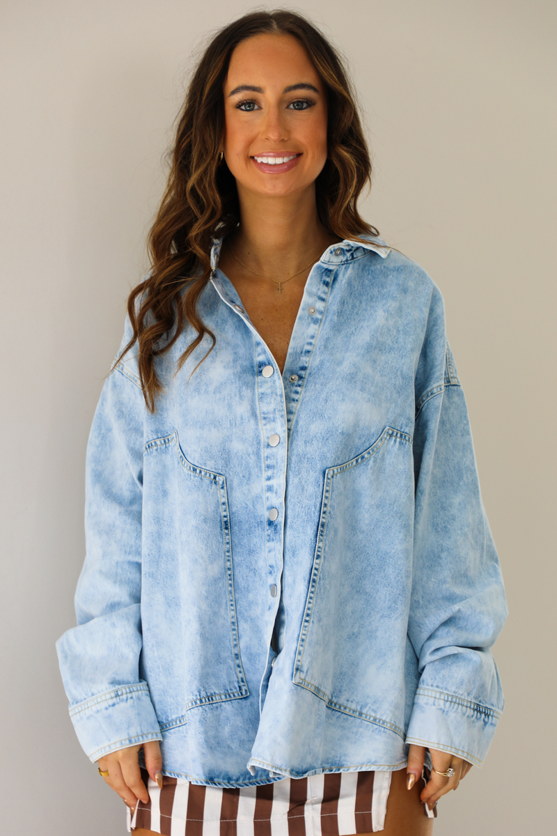 Change Of Plans Button-Down Top: Light Denim