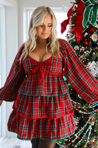 Around The Christmas Tree Dress: Red/Multi Plaid