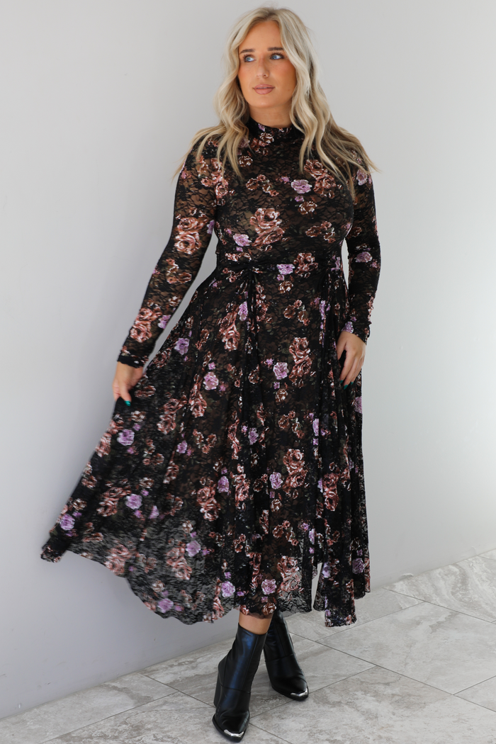 Simply Sweet Midi Dress: Black/Multi Floral