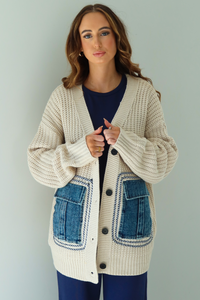 Denim Patch Oversized Cardigan: Ivory/Denim