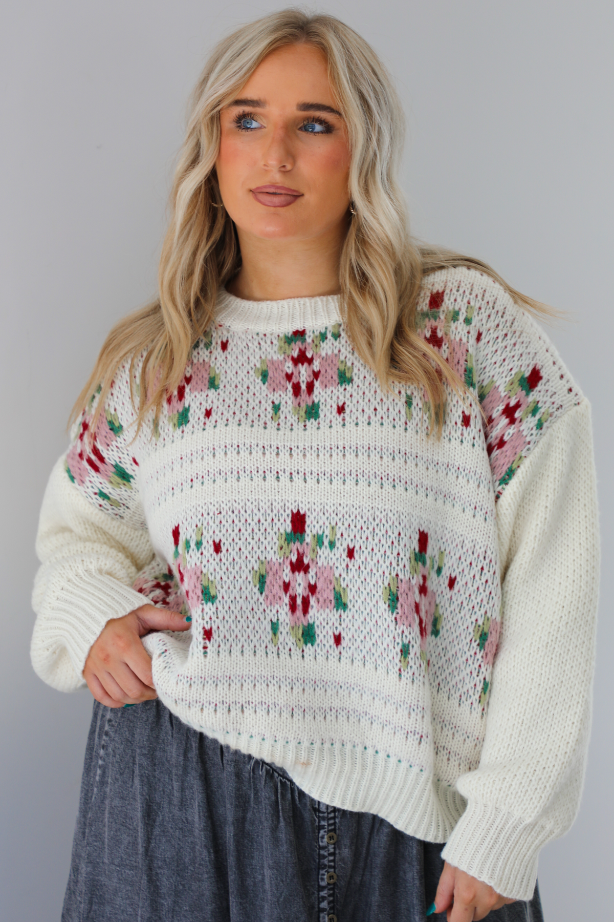 Living Right Sweater: Cream/Multi