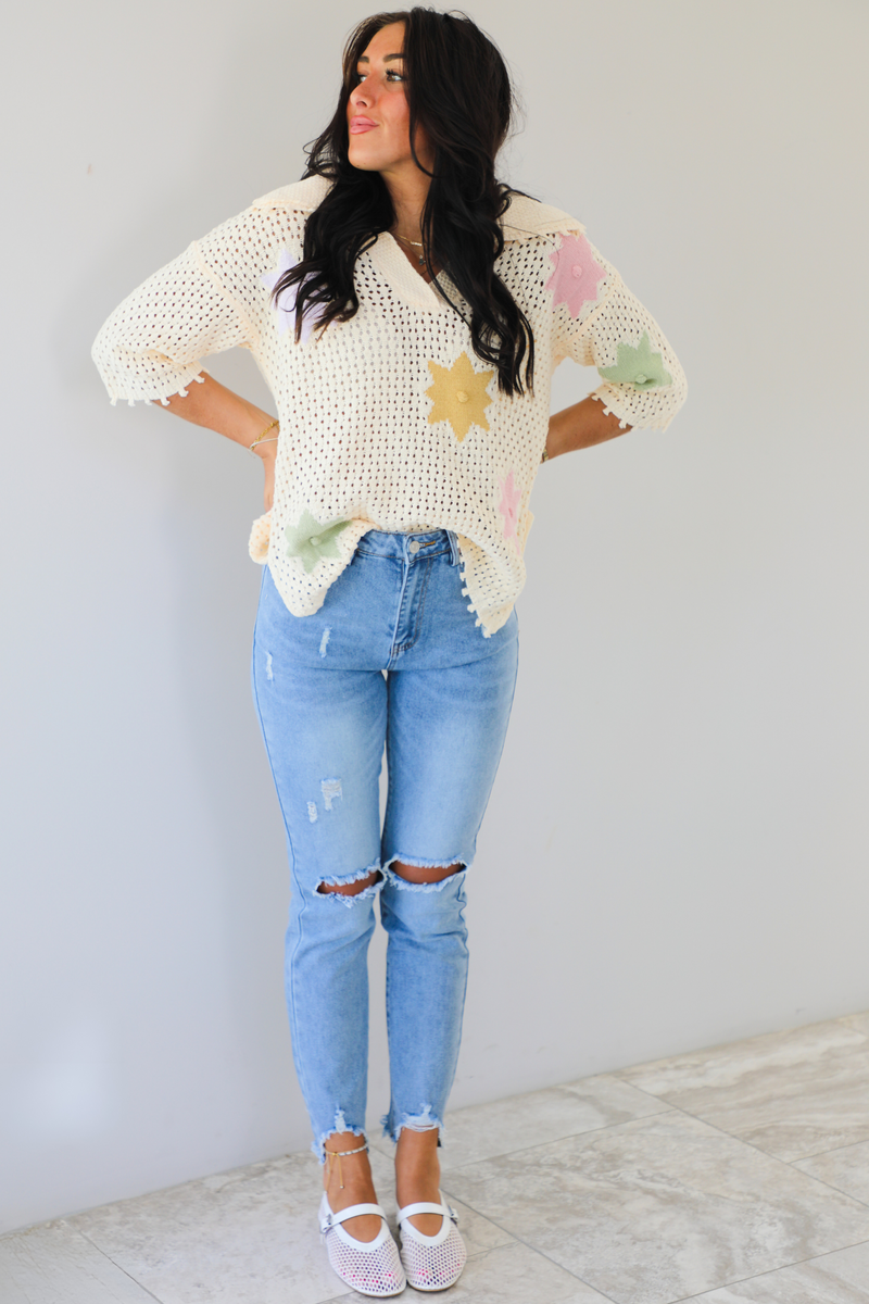 Taking Your Time Flower Knit Sweater: Cream/Multi