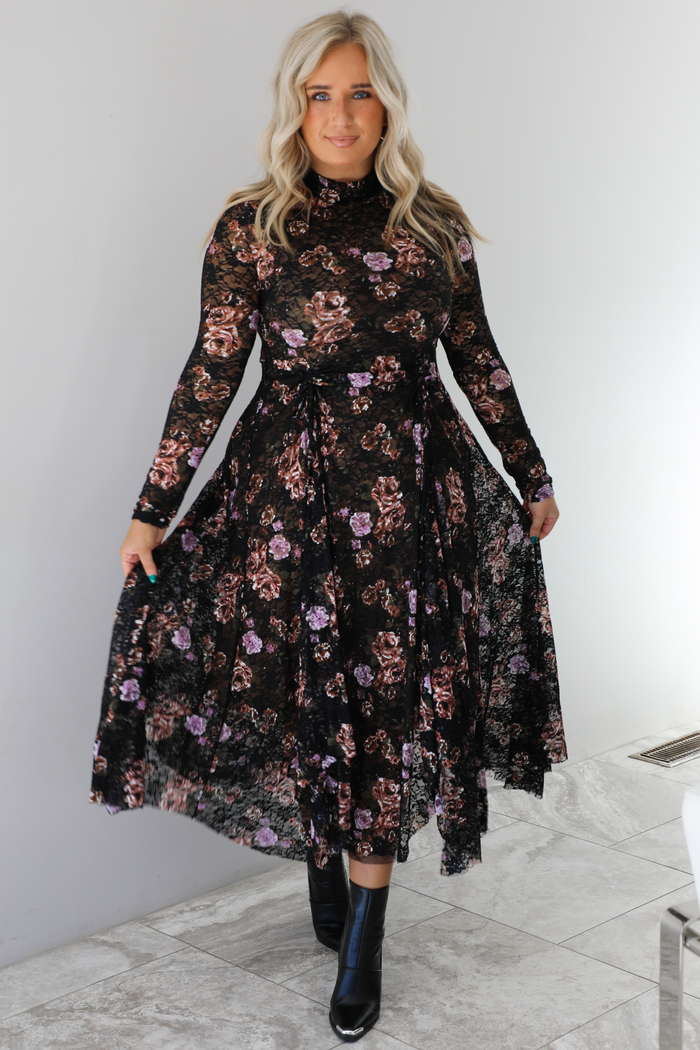 Simply Sweet Midi Dress: Black/Multi Floral