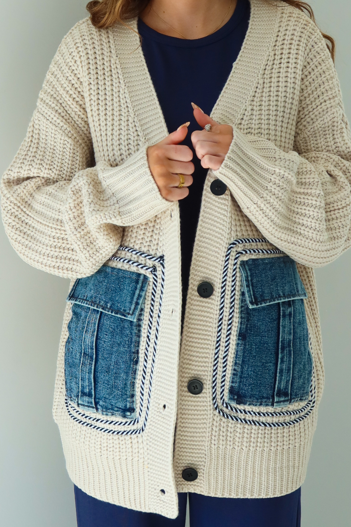 Denim Patch Oversized Cardigan: Ivory/Denim